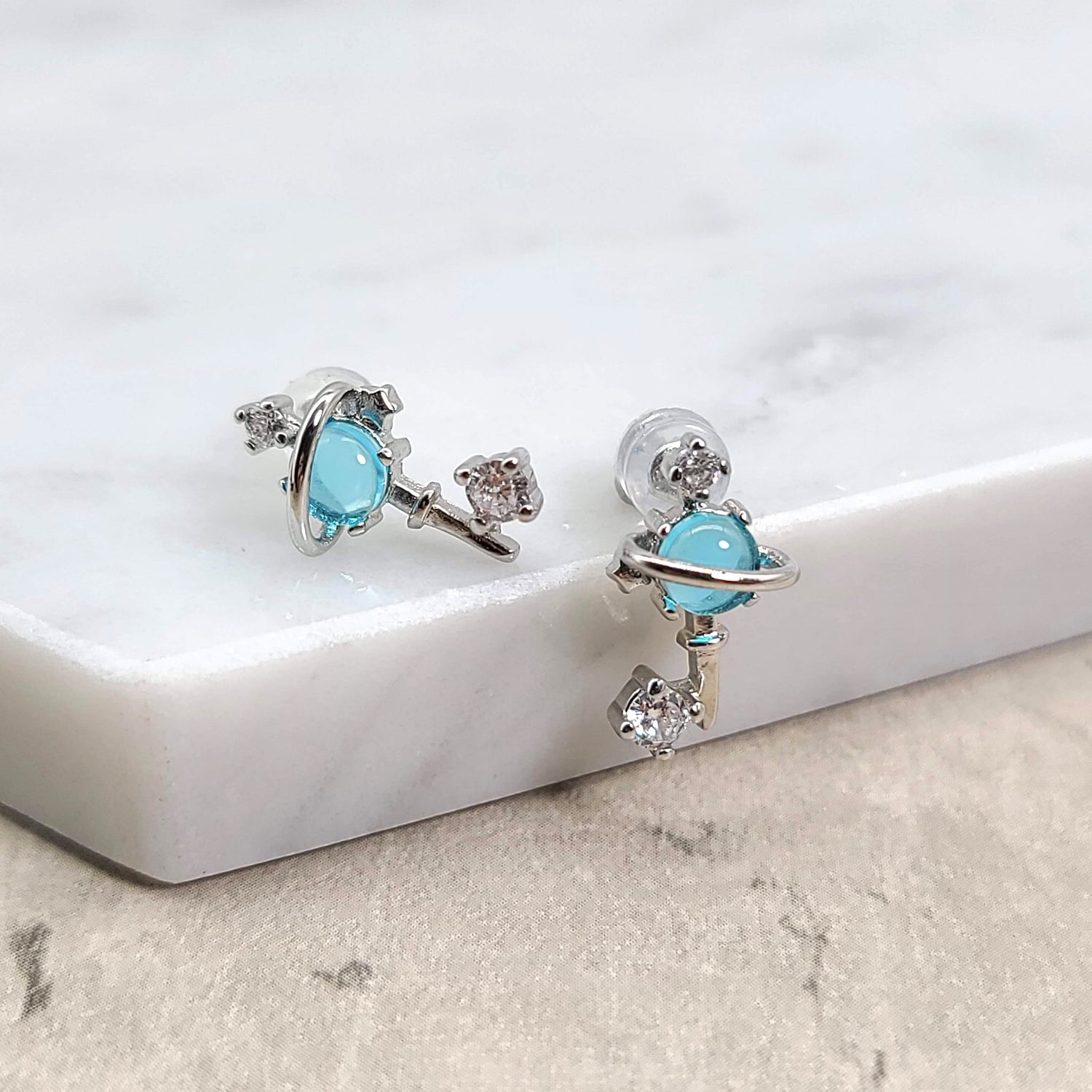 Blue Crystal Universe Planet Stud Earring For Women Glittering Star Zircon Earring