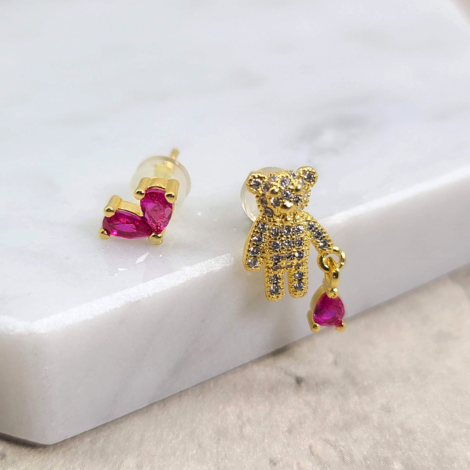 Bear Earrings, Bear Jewelry, Teddy Bear Earrings, Animal Earrings, Heart Earrings, Mismatch Earrings