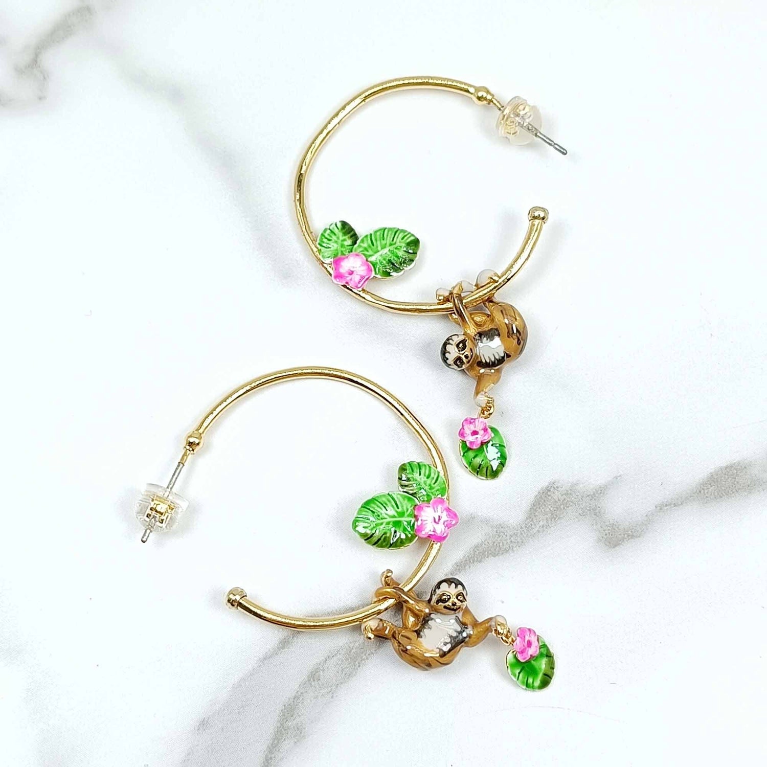 Enamel Hoop Sloth Earrings