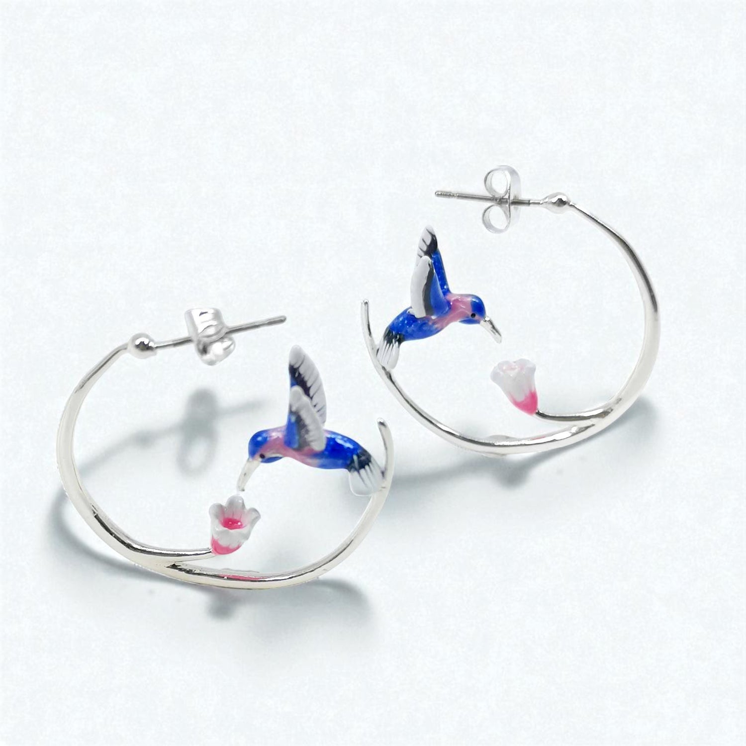 Green & Blue Hummingbird Hoop Earrings – Silver-Plated Brass with Enamel Design