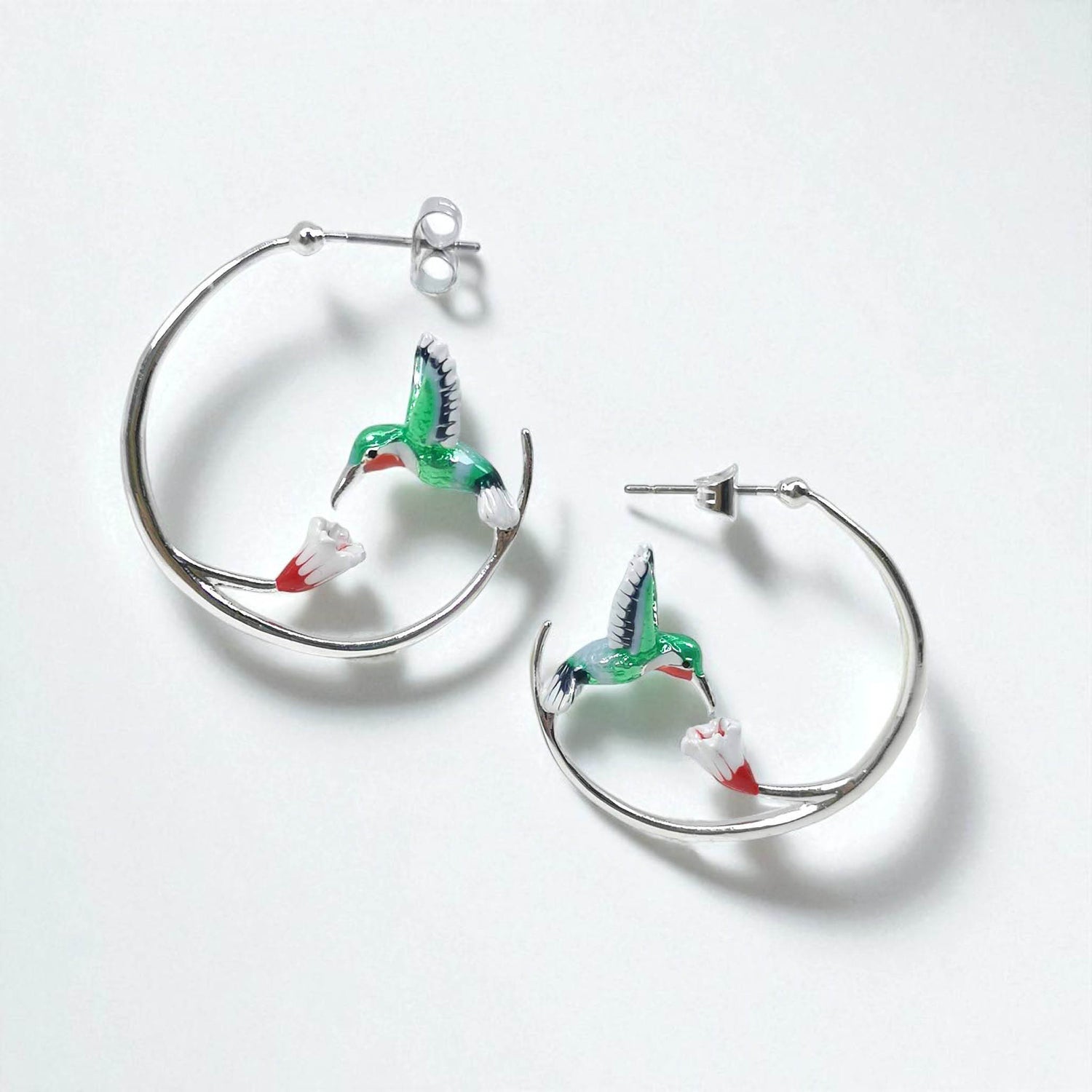 Green & Blue Hummingbird Hoop Earrings – Silver-Plated Brass with Enamel Design