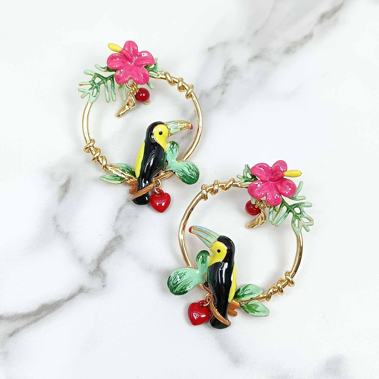 Handpainted Enamel Toucan Hibiscus Flower Post Earrings