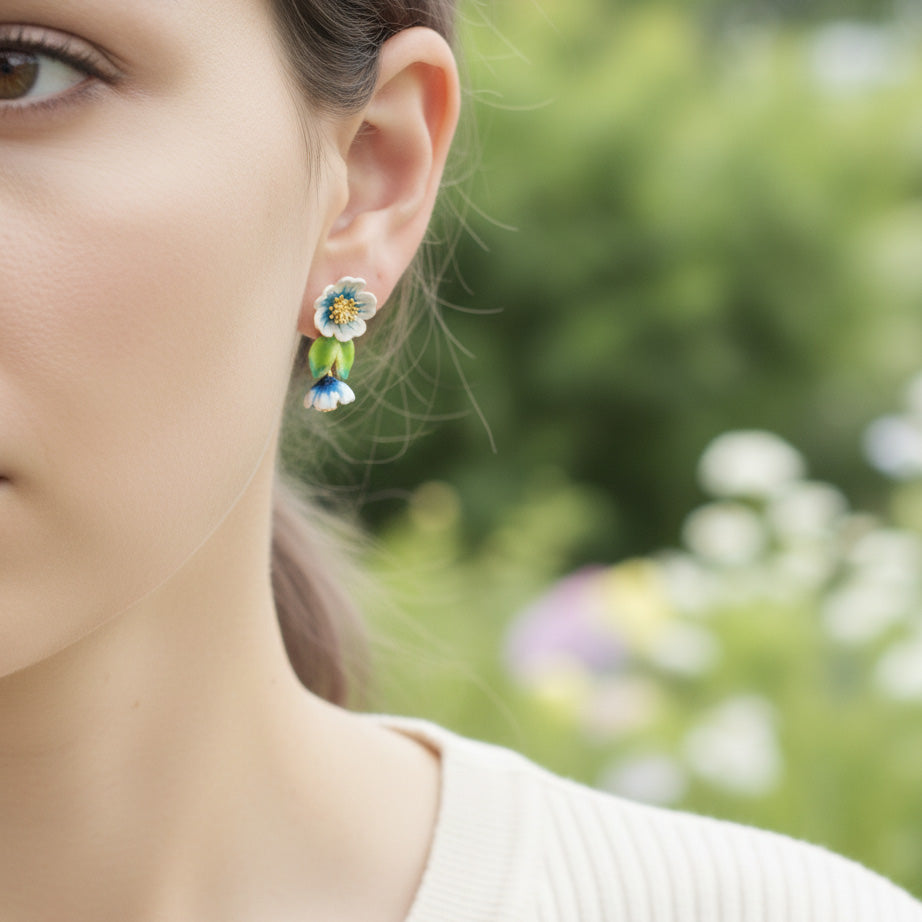 Close-up of a person wearing colorful flower-shaped earrings with a blurred natural background.