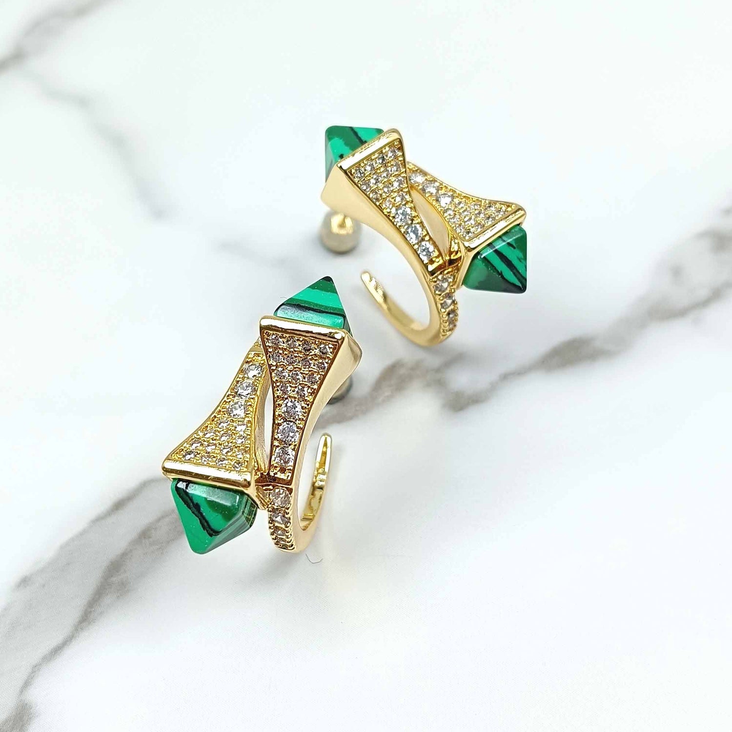 Vintage style Malachite Emerald Green Pyramid Hoop Earrings