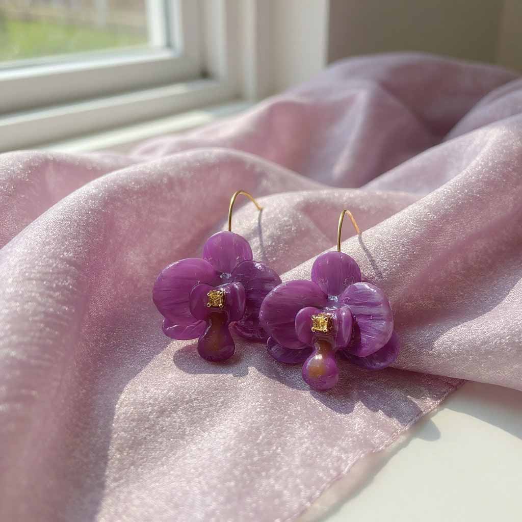 Purple orchid-shaped earrings on a pink fabric with a window in the background