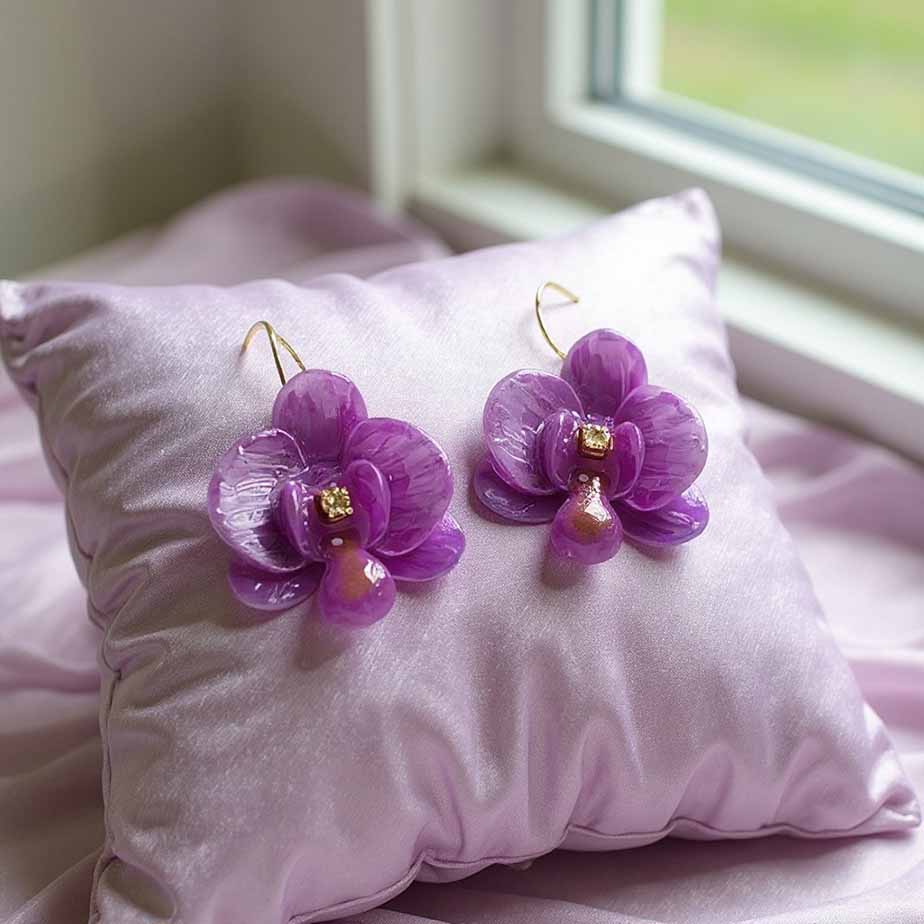 Purple flower earrings on a pink pillow with a window in the background