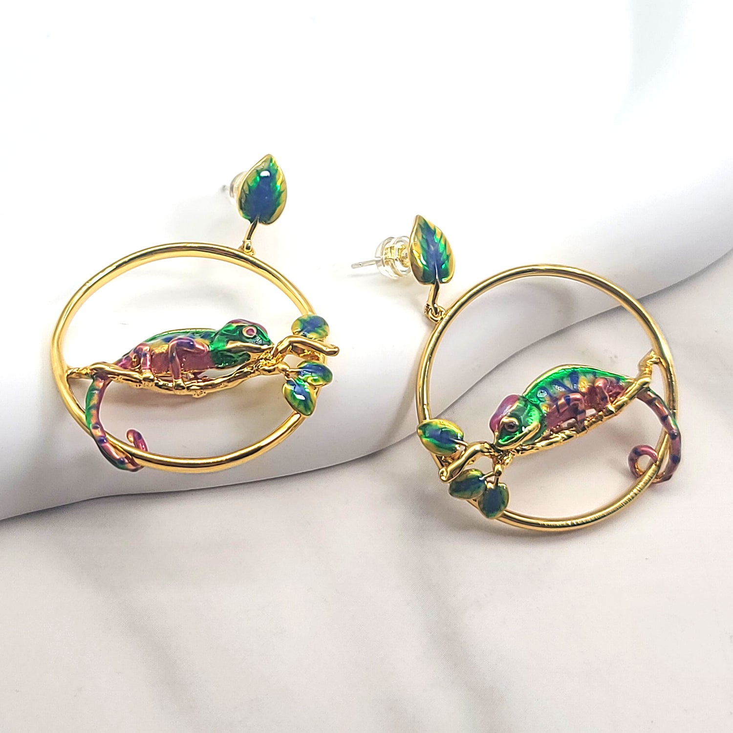 Colorful Chameleon Statement Hoop Earrings – Handpainted Enamel, Gold Plated