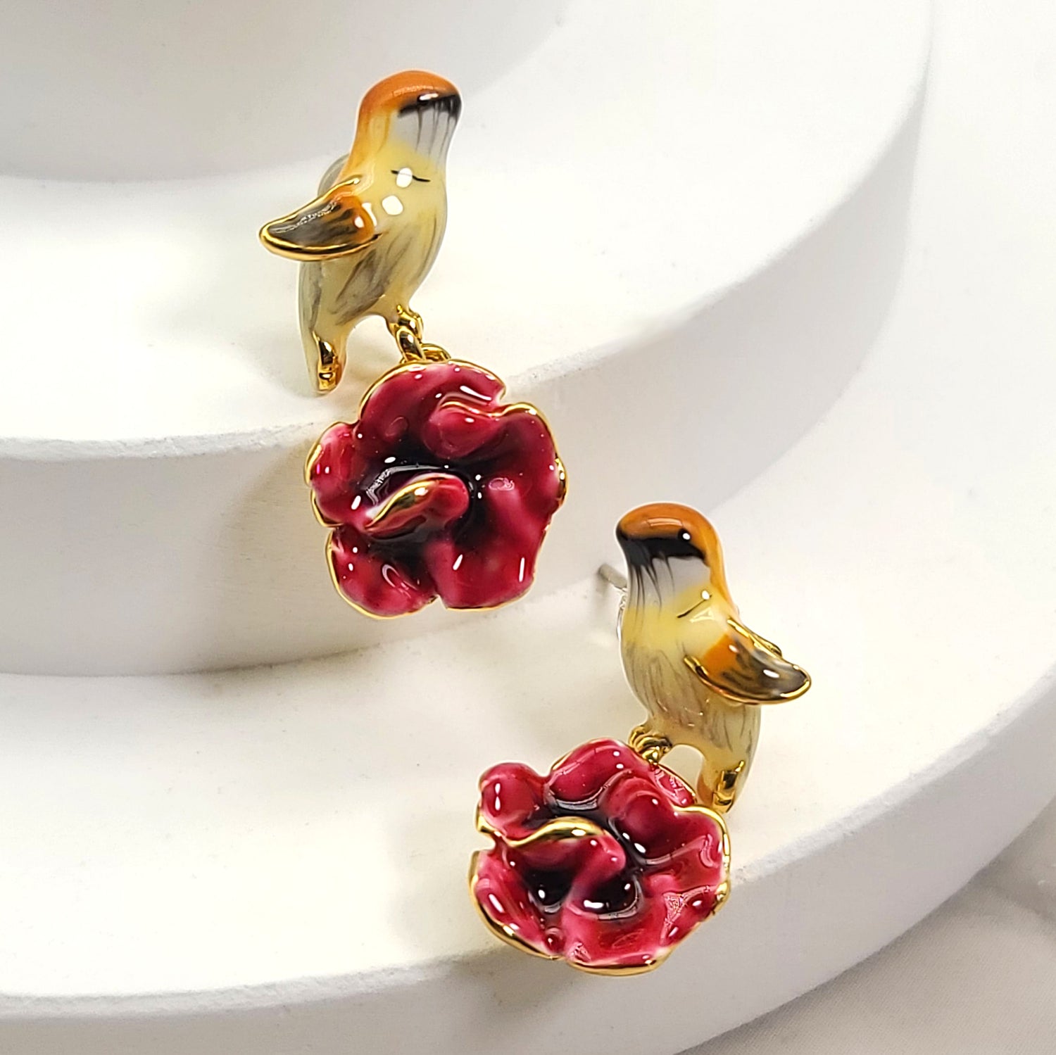 Whimsical Bird & Flower Enamel Earrings – Gold Plated Studs