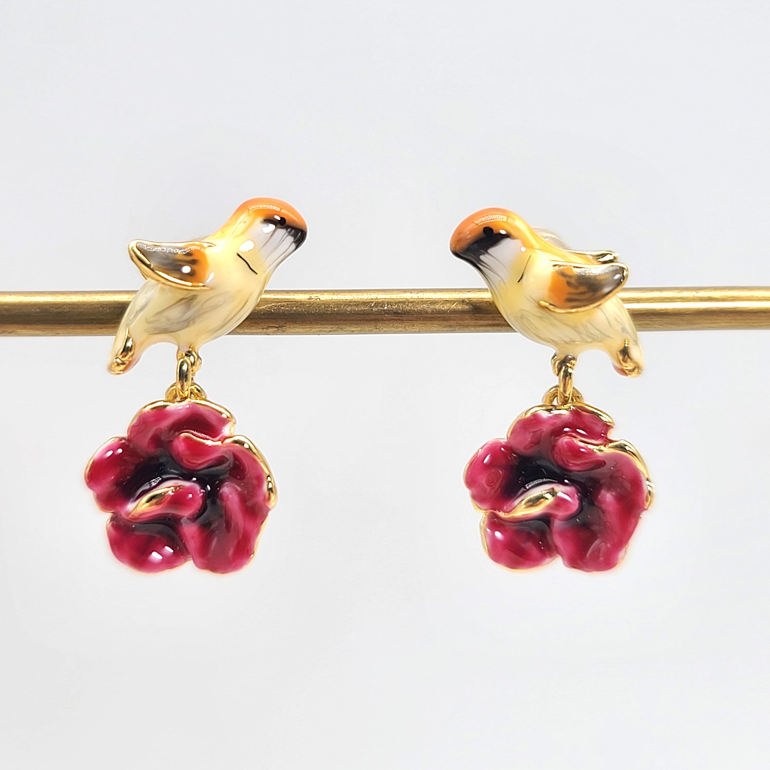 Whimsical Bird & Flower Enamel Earrings – Gold Plated Studs