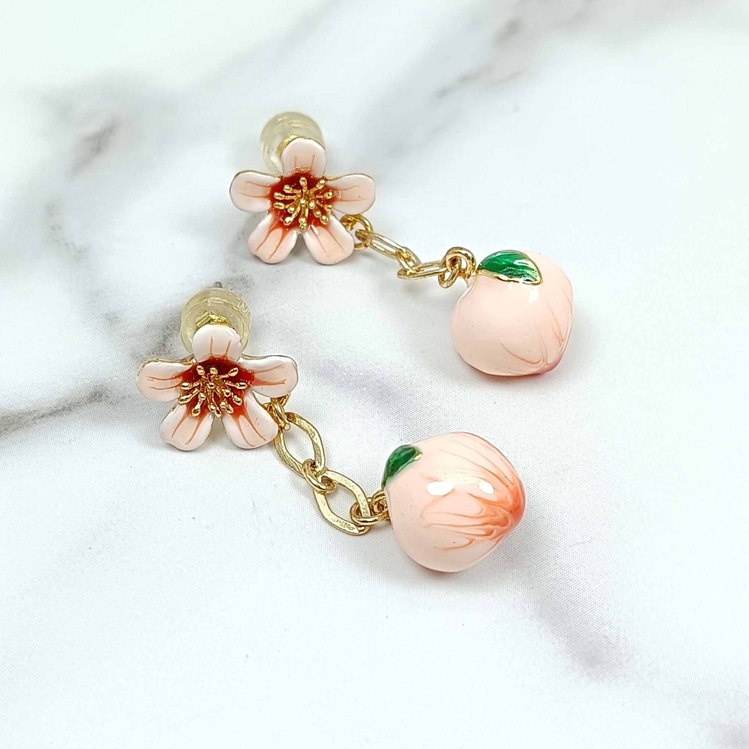 Cherry Blossom Flower Peach Enamel Drop Earrings