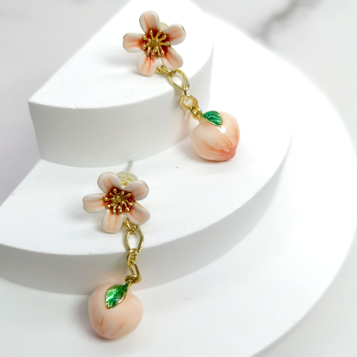 Cherry Blossom Flower Peach Enamel Drop Earrings