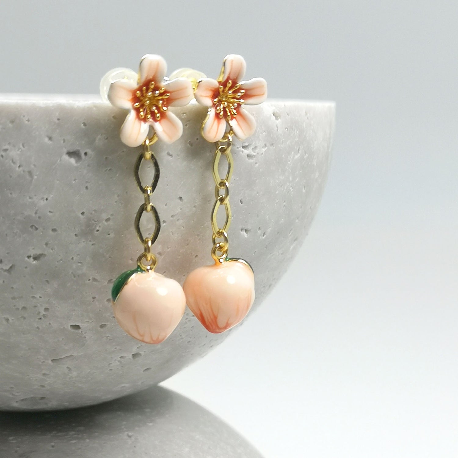 Cherry Blossom Flower Peach Enamel Drop Earrings