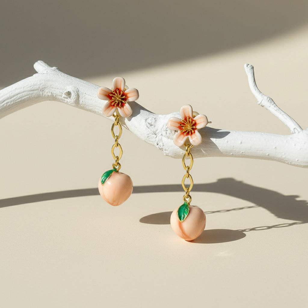 Floral and peach-shaped earrings on a branch with a neutral background