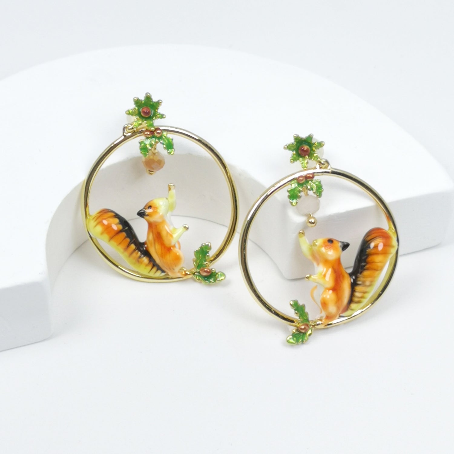 Red Squirrel Hoop Earrings Gold Plated with Crystals and Hand-Painted Enamel Earrings