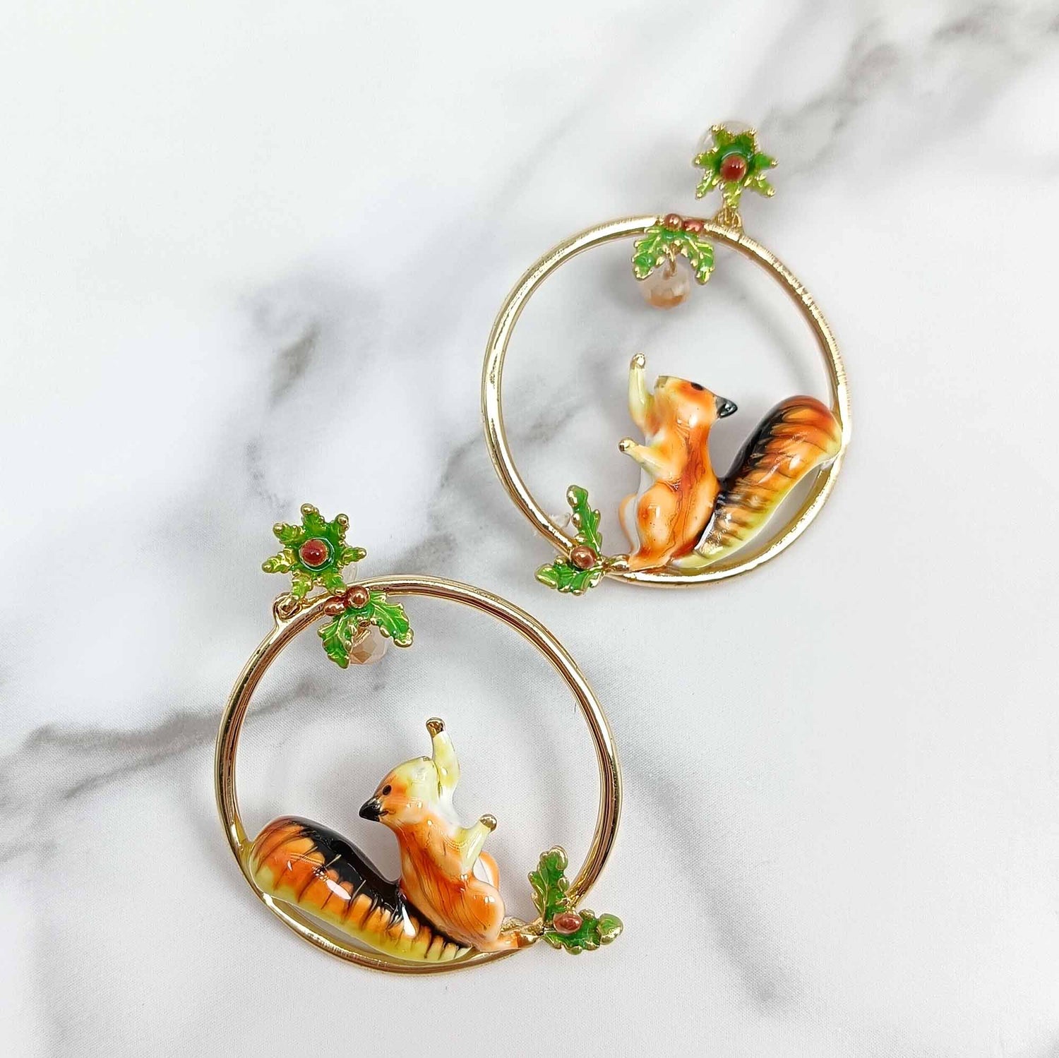 Red Squirrel Hoop Earrings Gold Plated with Crystals and Hand-Painted Enamel Earrings