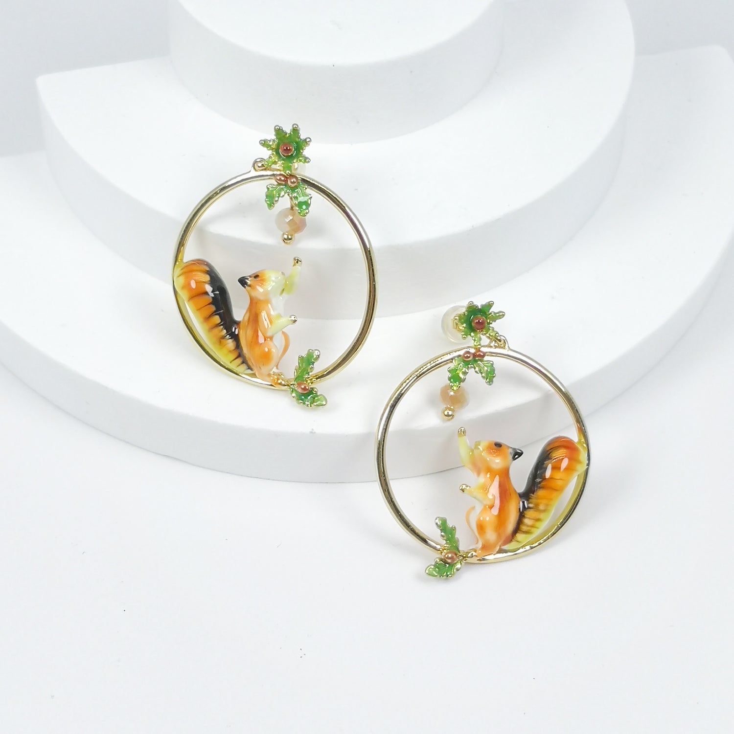 Red Squirrel Hoop Earrings Gold Plated with Crystals and Hand-Painted Enamel Earrings