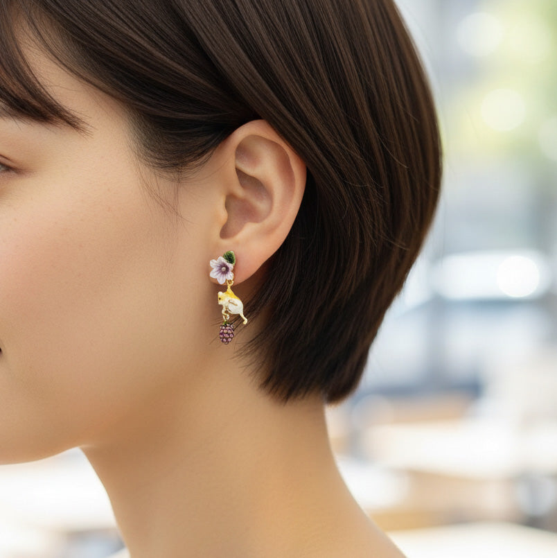 Close-up of a person wearing a floral earring with a blurred background