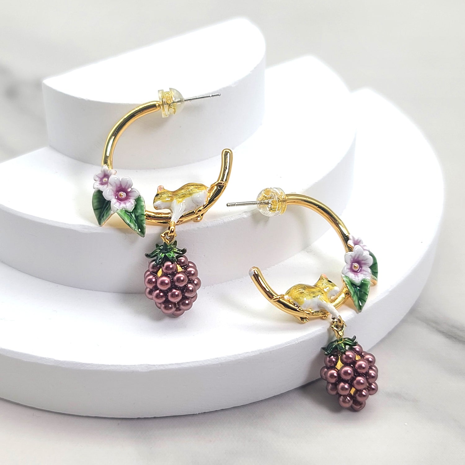 Cute Blackberry and Mouse Hoop Enamel Earrings