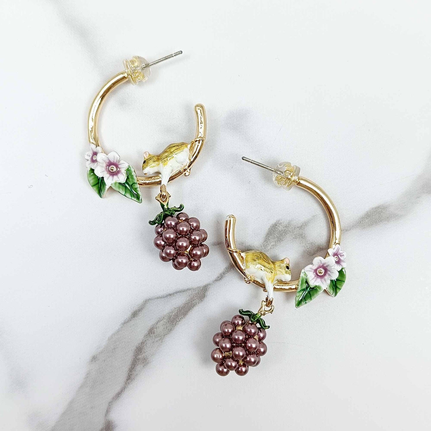 Cute Blackberry and Mouse Hoop Enamel Earrings