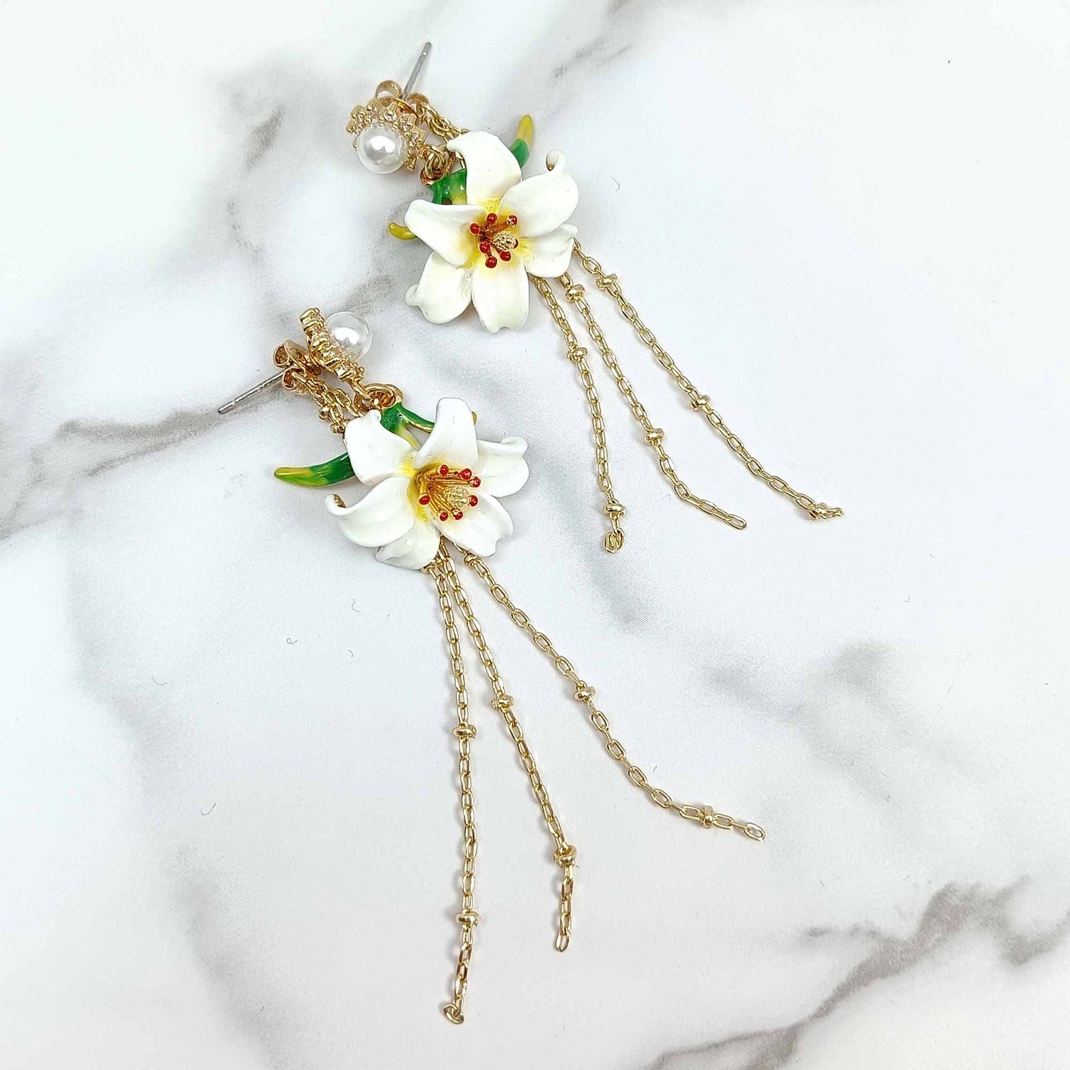 Handpainted Enamel Lily Flower Chain Tassel Earrings