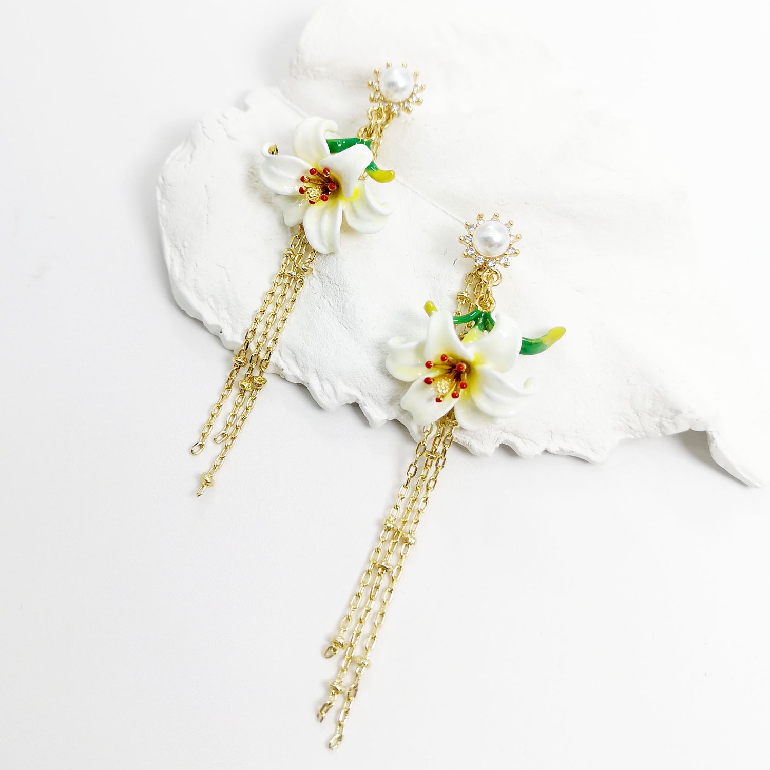 Handpainted Enamel Lily Flower Chain Tassel Earrings
