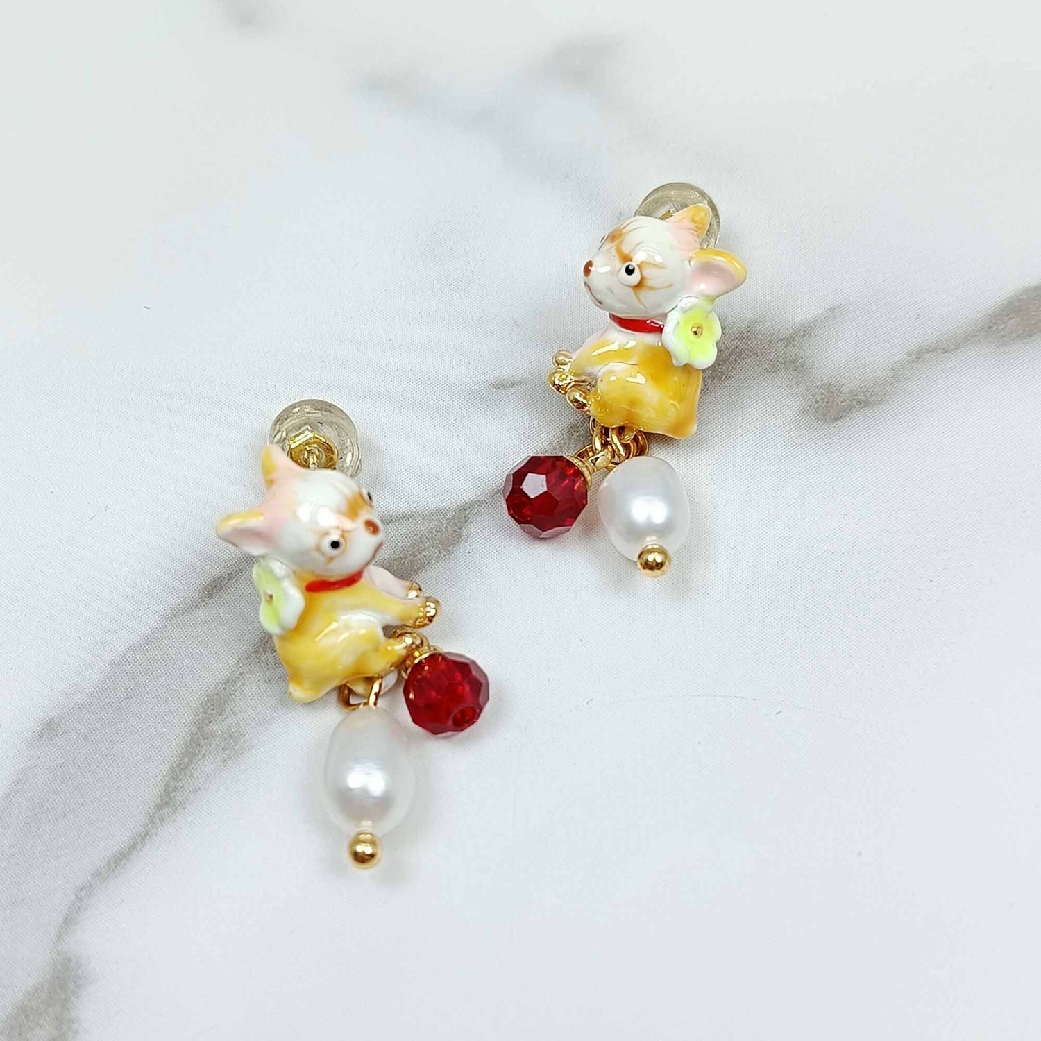 Chihuahua Puppy Dog Enamel Pearl Drop Earrings Cute Earrings
