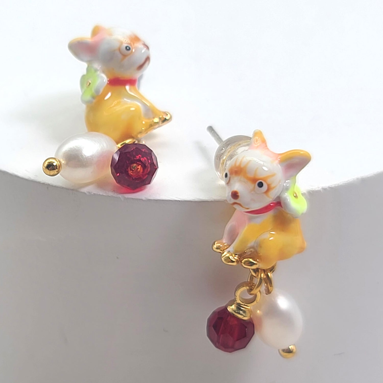 Chihuahua Puppy Dog Enamel Pearl Drop Earrings Cute Earrings