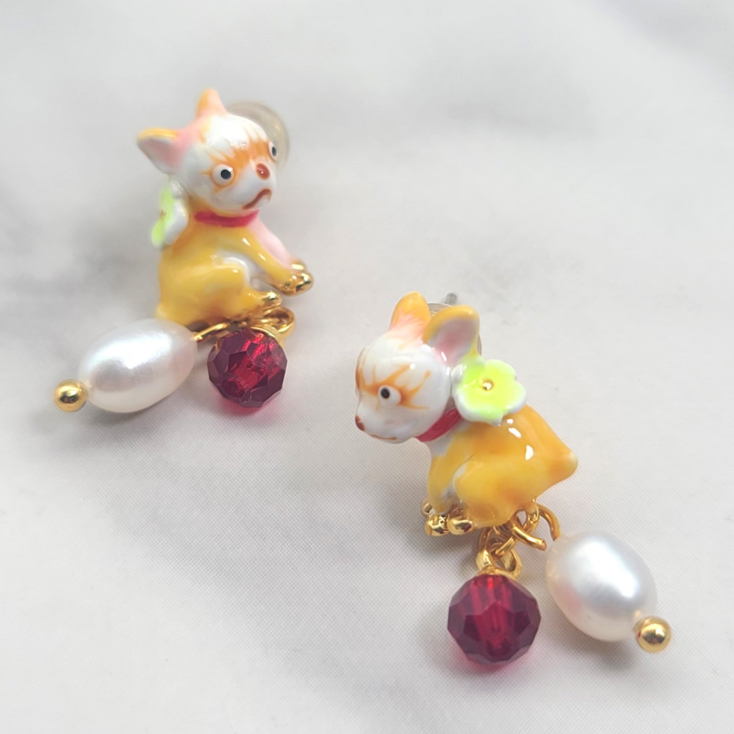 Chihuahua Puppy Dog Enamel Pearl Drop Earrings Cute Earrings