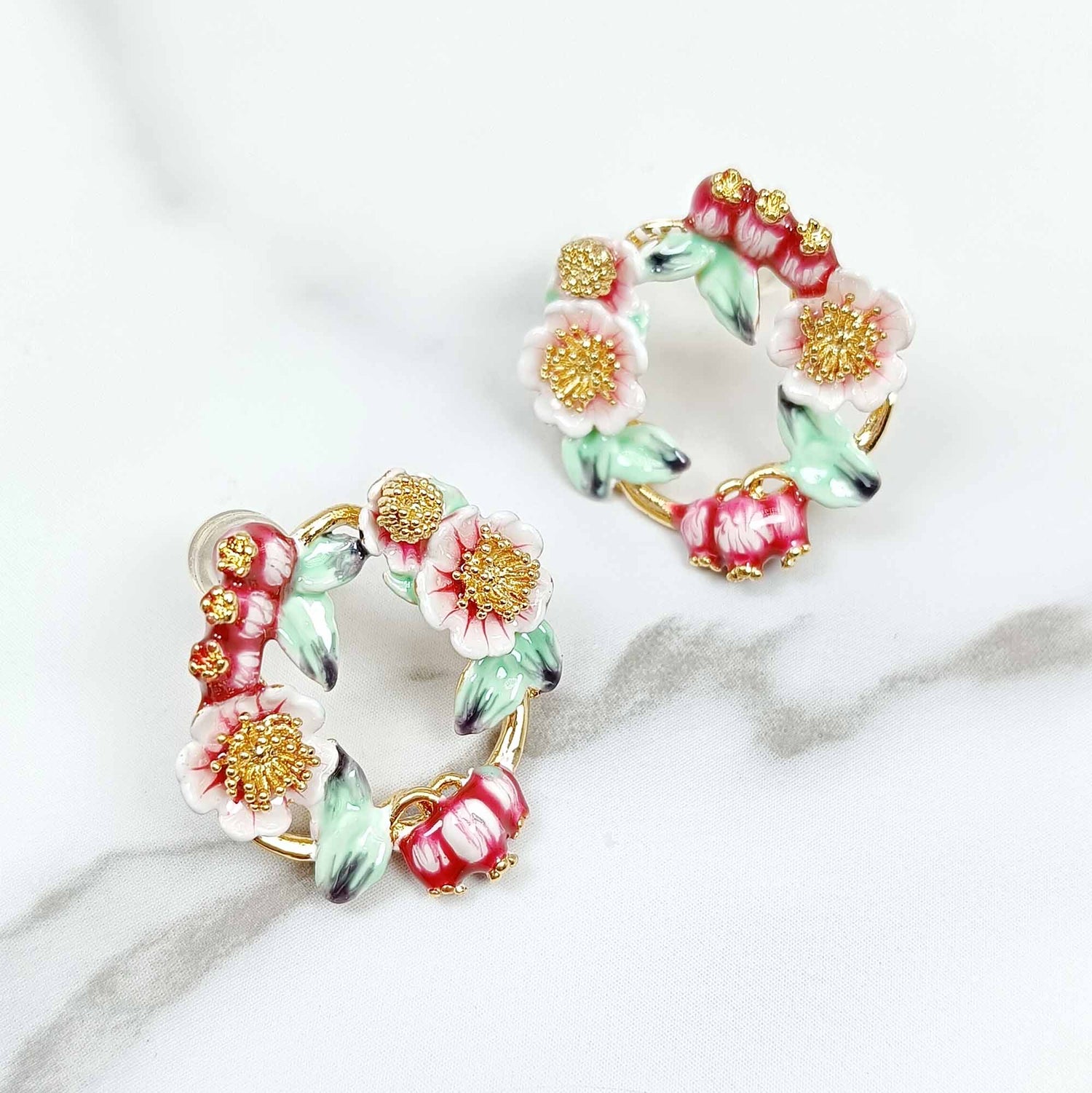 Handpainted Enamel Red Flower Wreathe Earrings