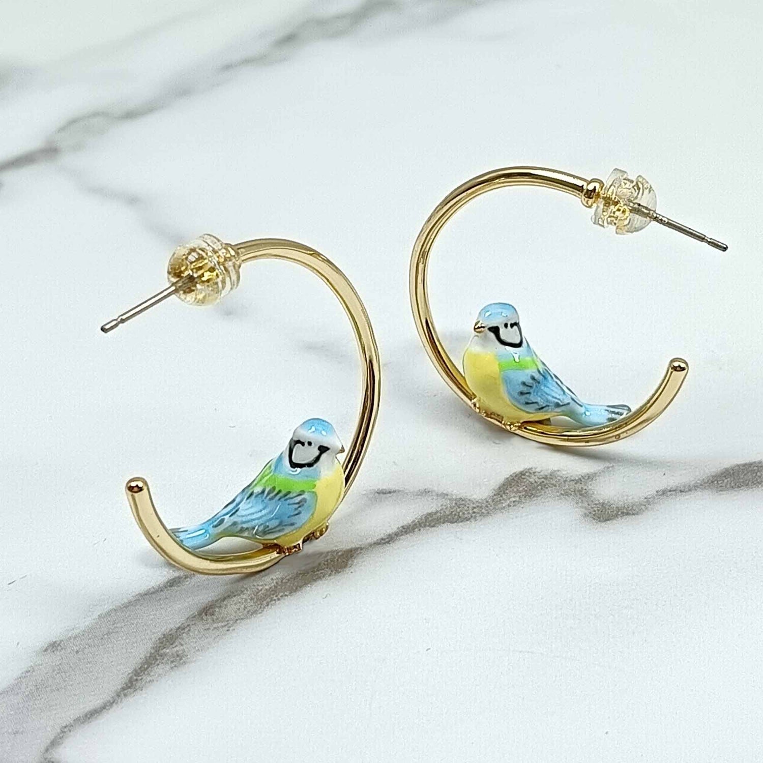 Blue Tit Hoop Enamel Earrings