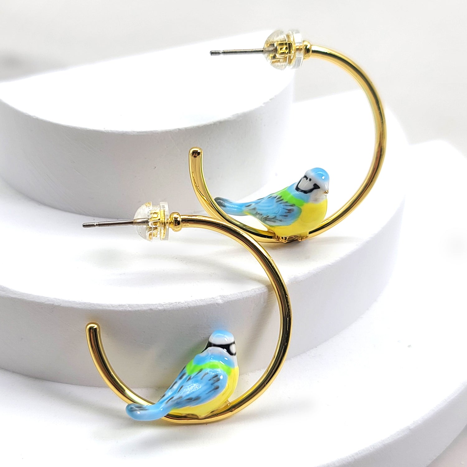 Blue Tit Hoop Enamel Earrings