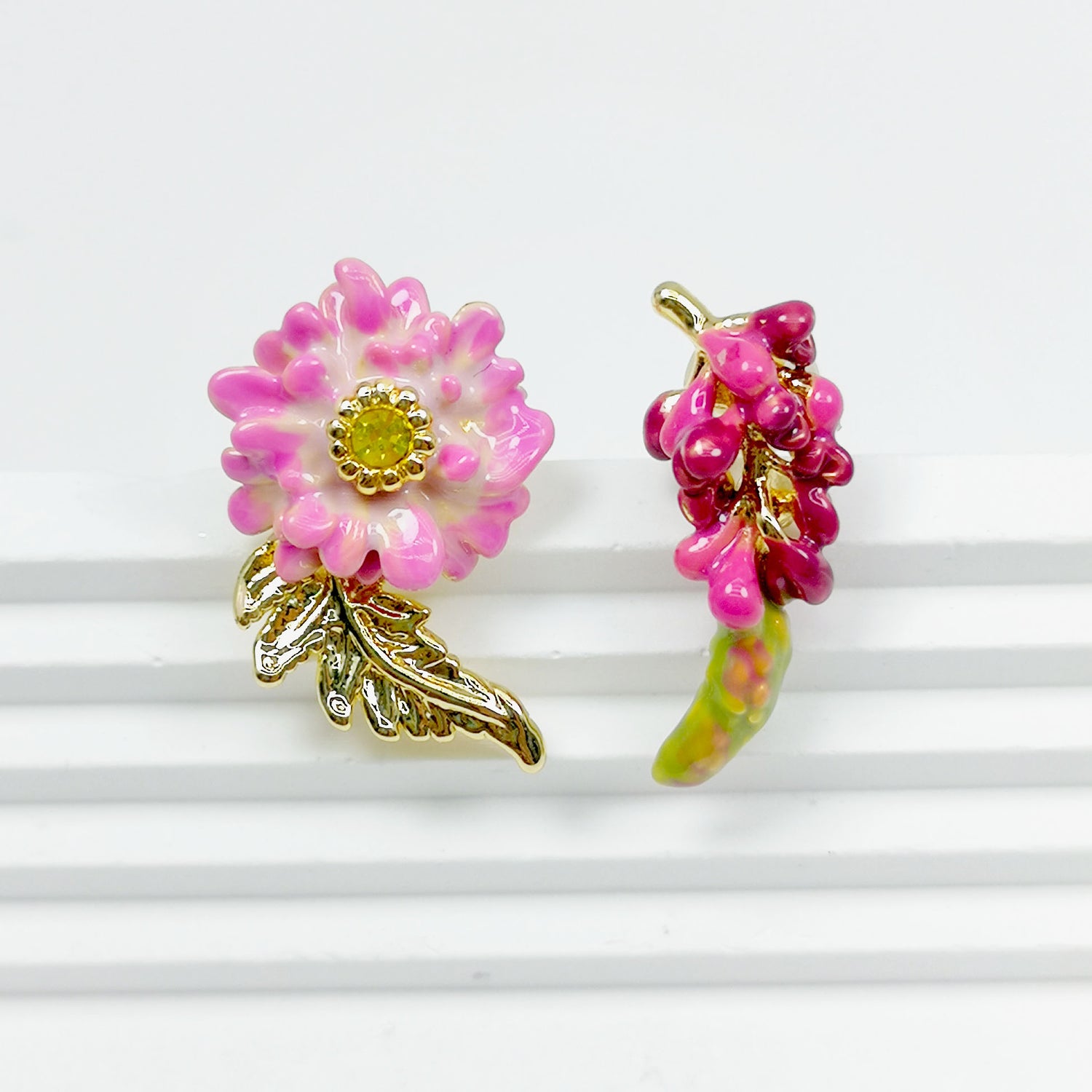 Asymmetric Pink Flower & Berry Enamel Stud Earrings – Handpainted, Gold-Plated Brass with Silver Posts