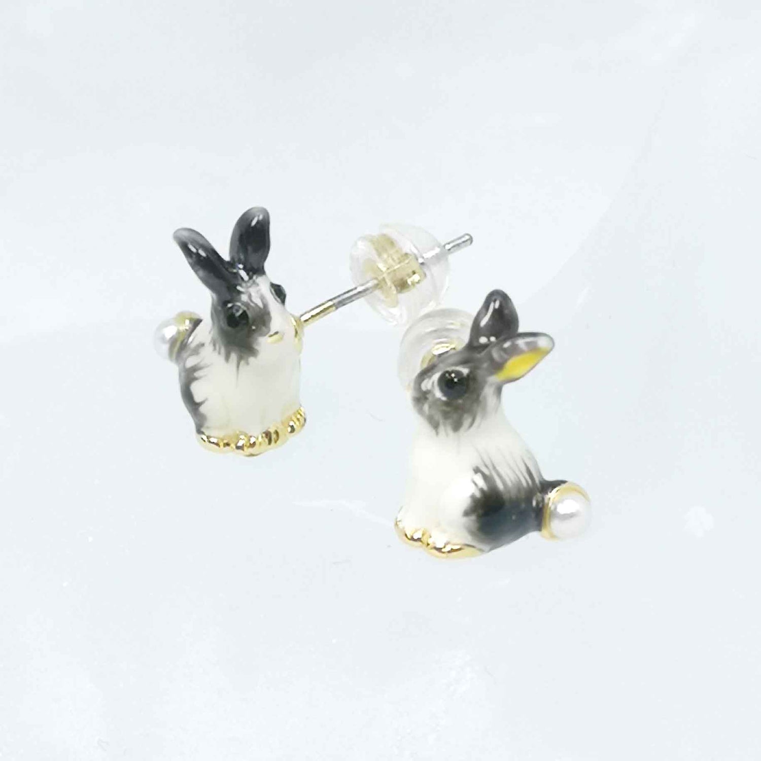 Mini Rabbit Stud Earrings – Handpainted Enamel, Brass Gold-Plated