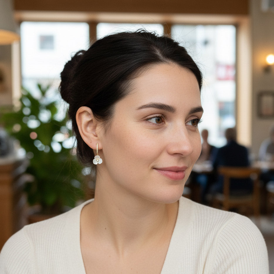 Model wearing gold mother-of-pearl flower drop earrings indoors