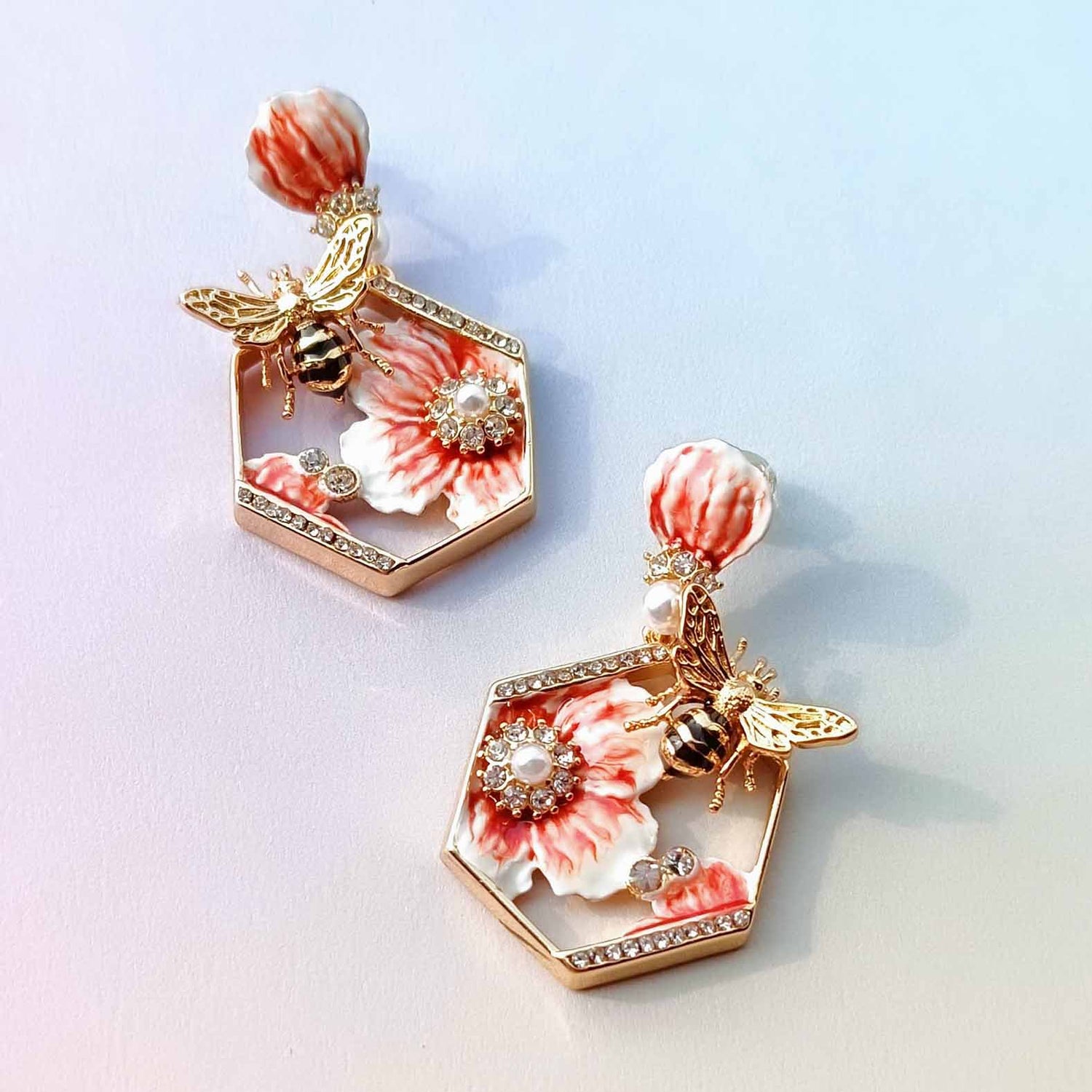 Bee & Flower Earrings – Hand-Painted Enamel with Pearl & CZ | Gold