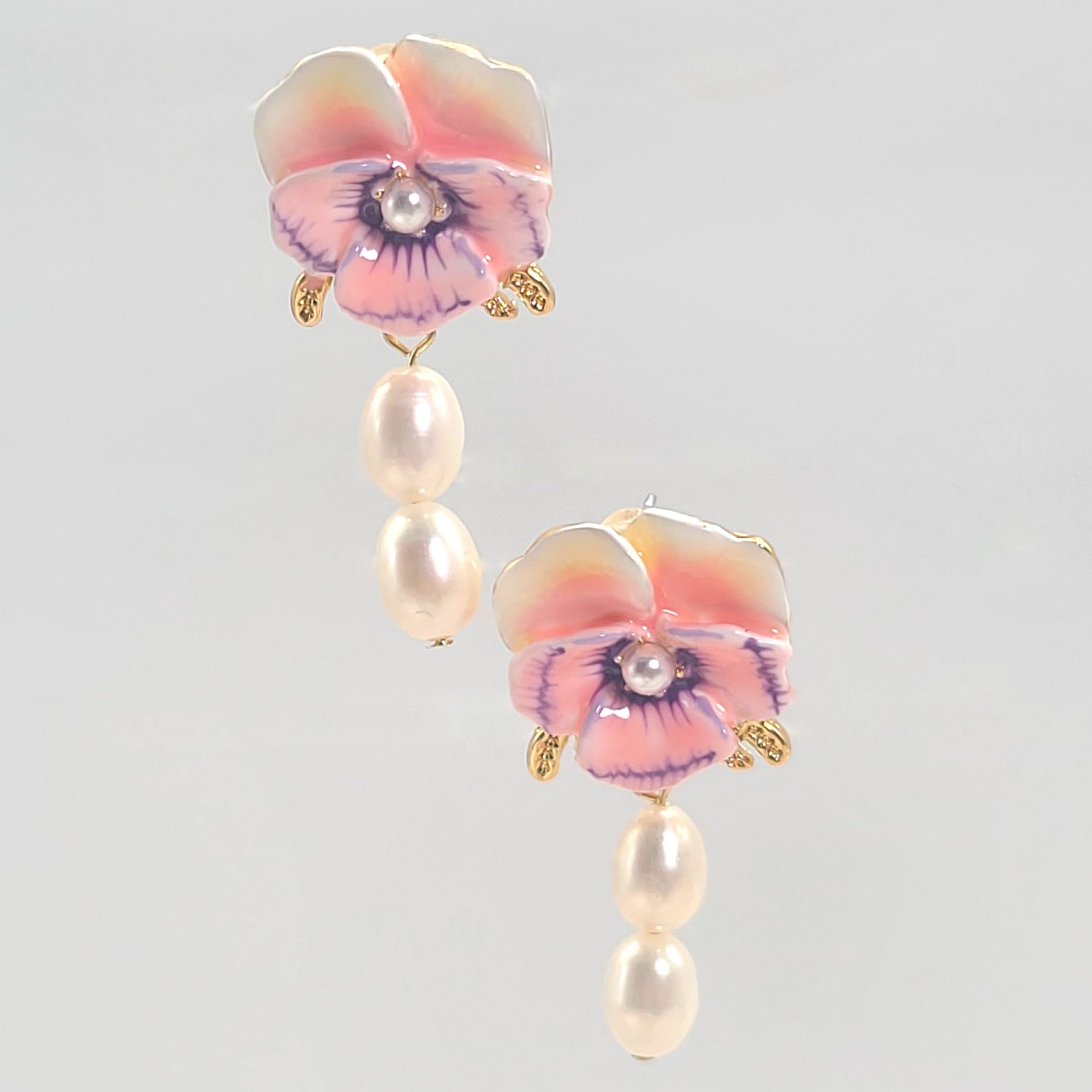 Pink Pansy Enamel Stud Earrings with Faux Pearl Drops