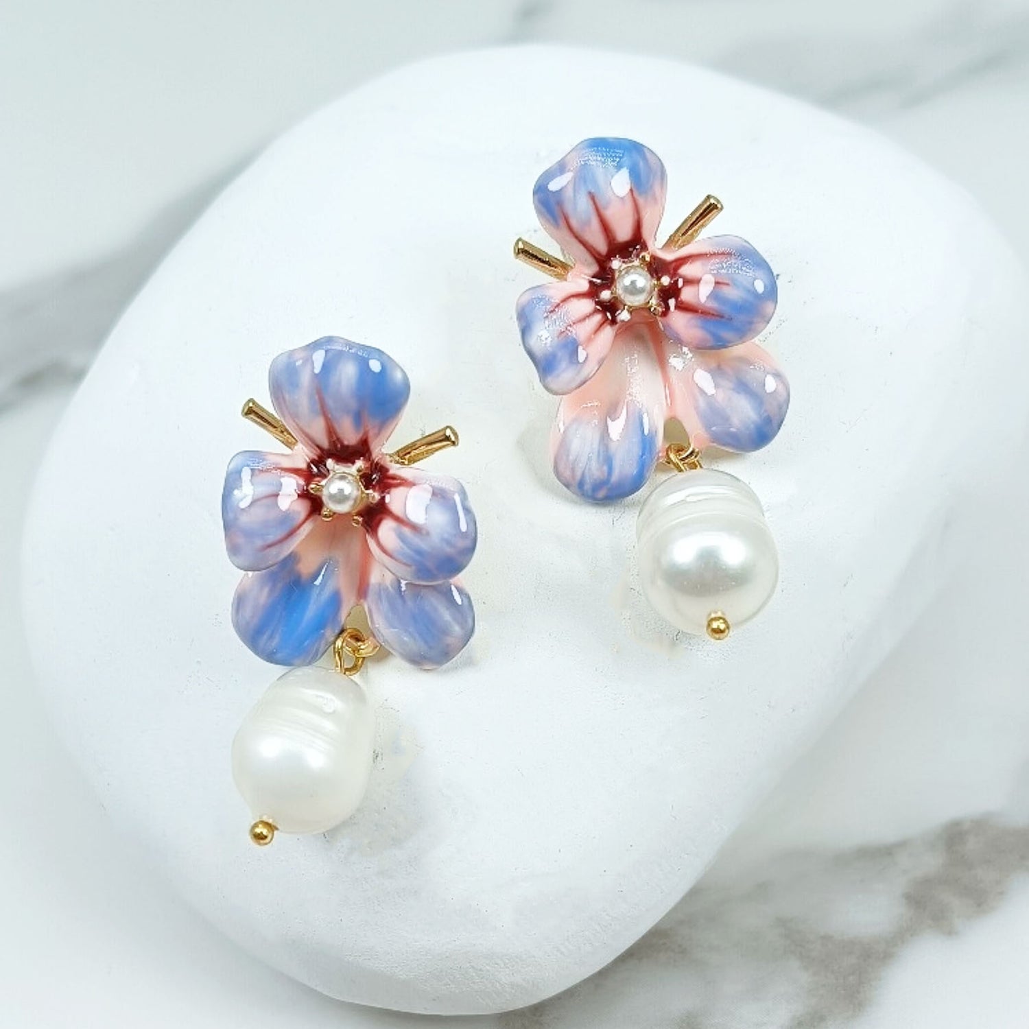 Hand-Painted Pansy Flower Enamel & Pearl Drop Earrings – Gold Plated