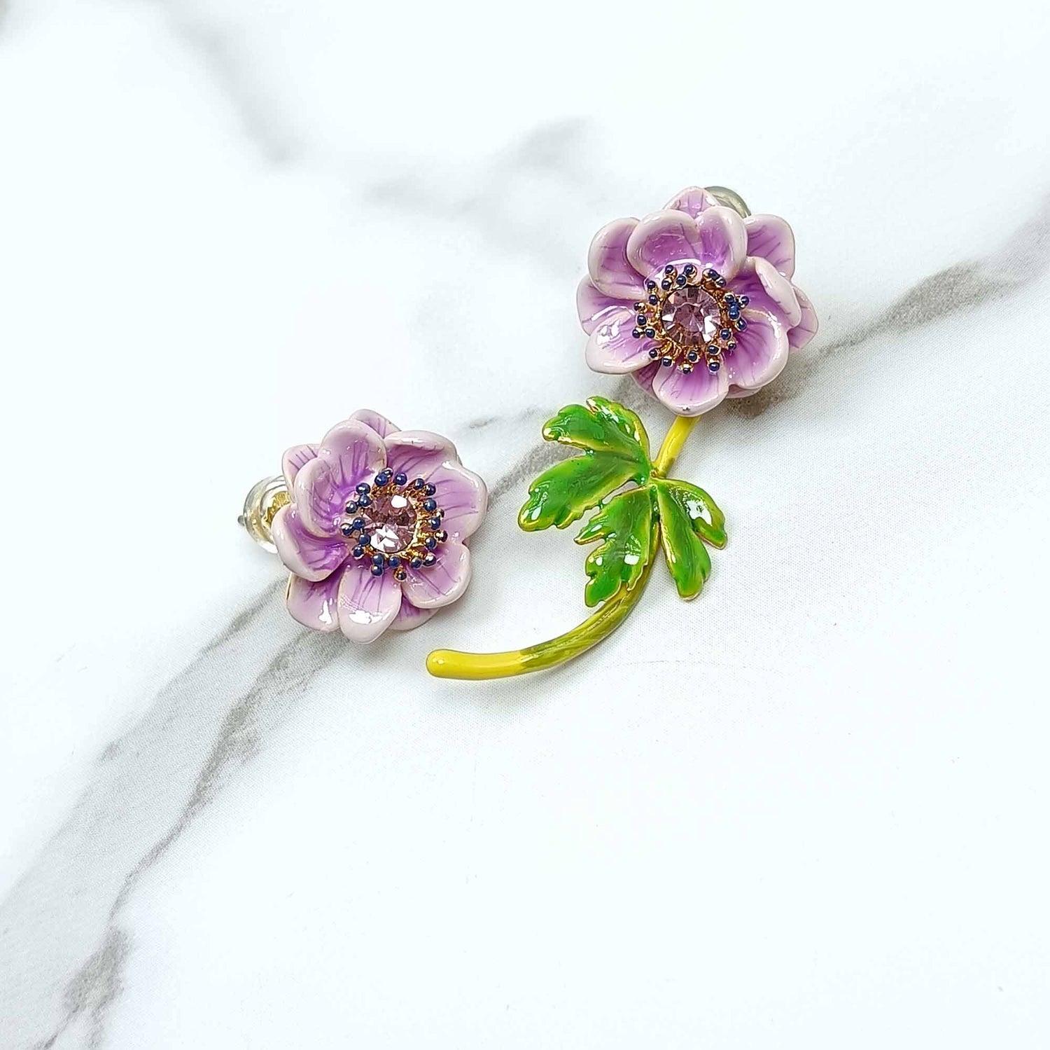 Purple Anemone Asymmetrical Earrings