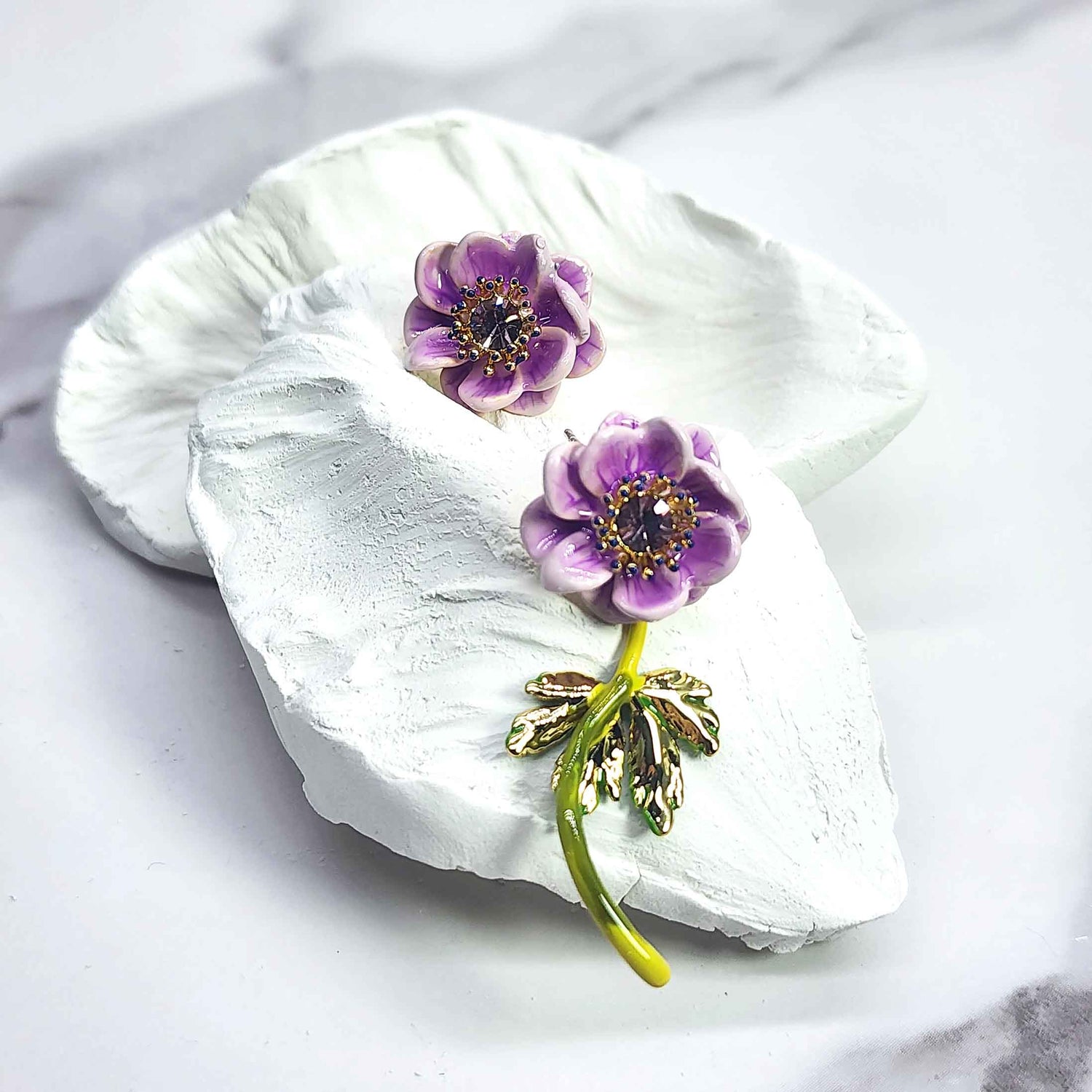 Purple Anemone Asymmetrical Earrings