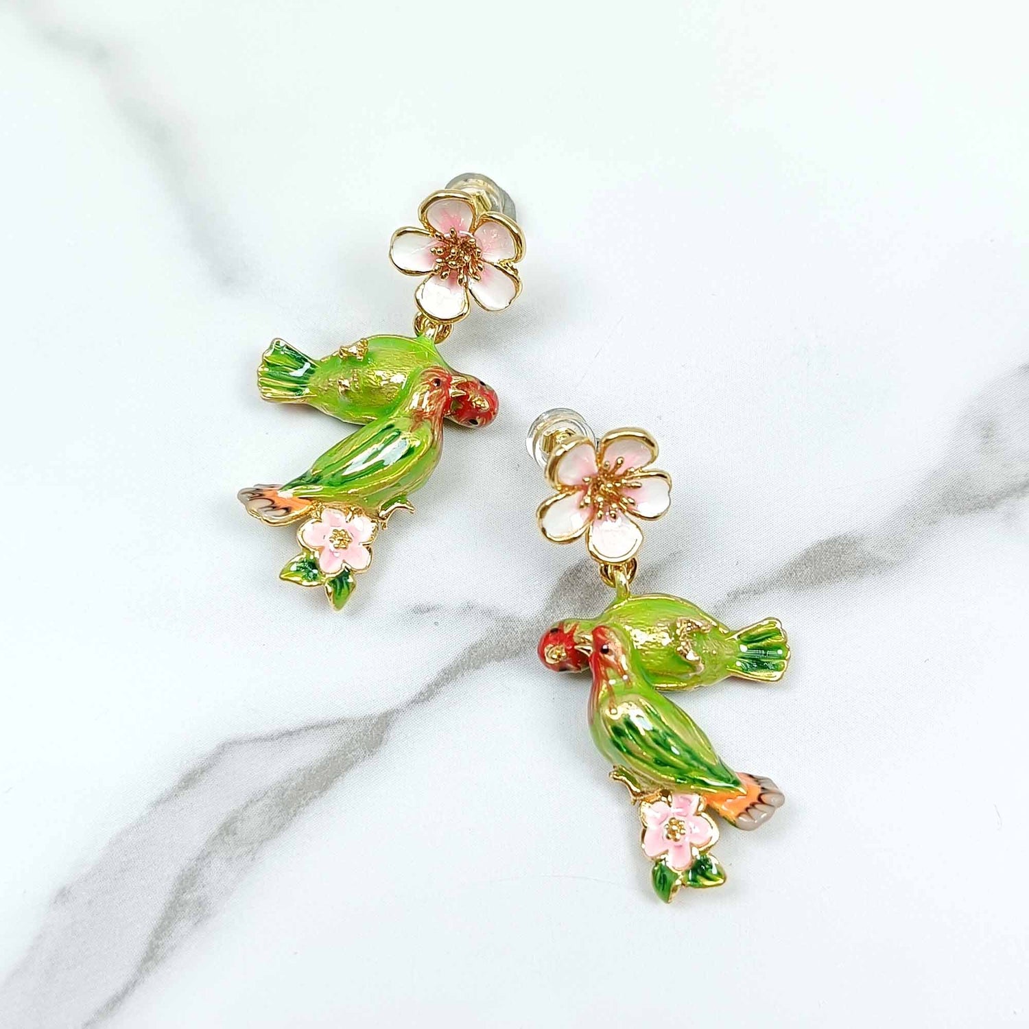 Handpainted Enamel Love Bird Drop Earrings
