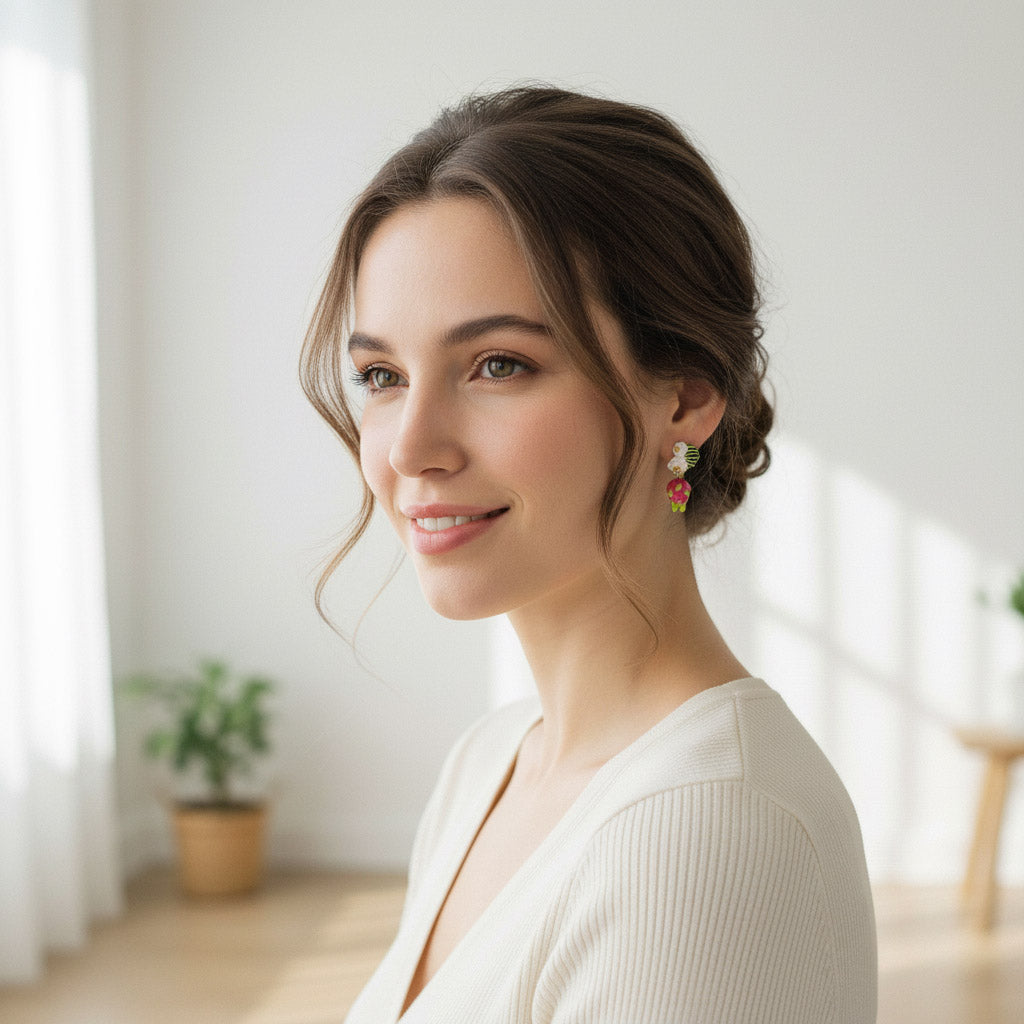 Woman wearing a white sweater in a bright room with a plant in the background