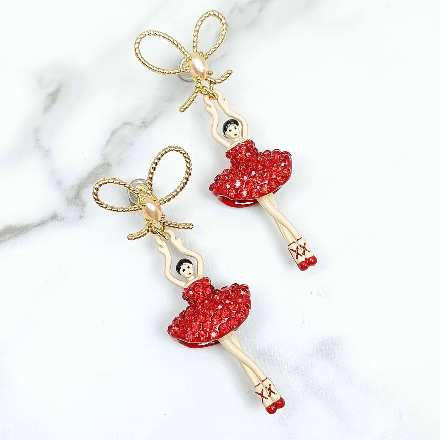 Asymmetrical Ballerina with Red Rhinestones Paved Tutu Earrings