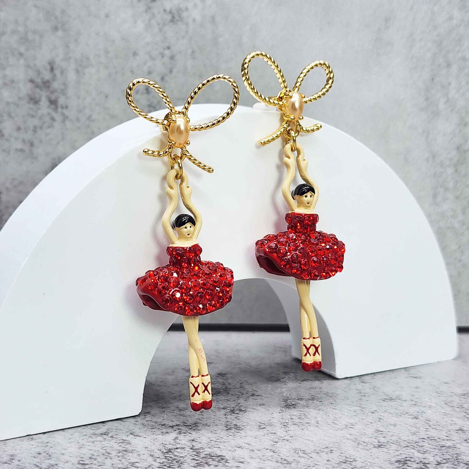 Asymmetrical Ballerina with Red Rhinestones Paved Tutu Earrings