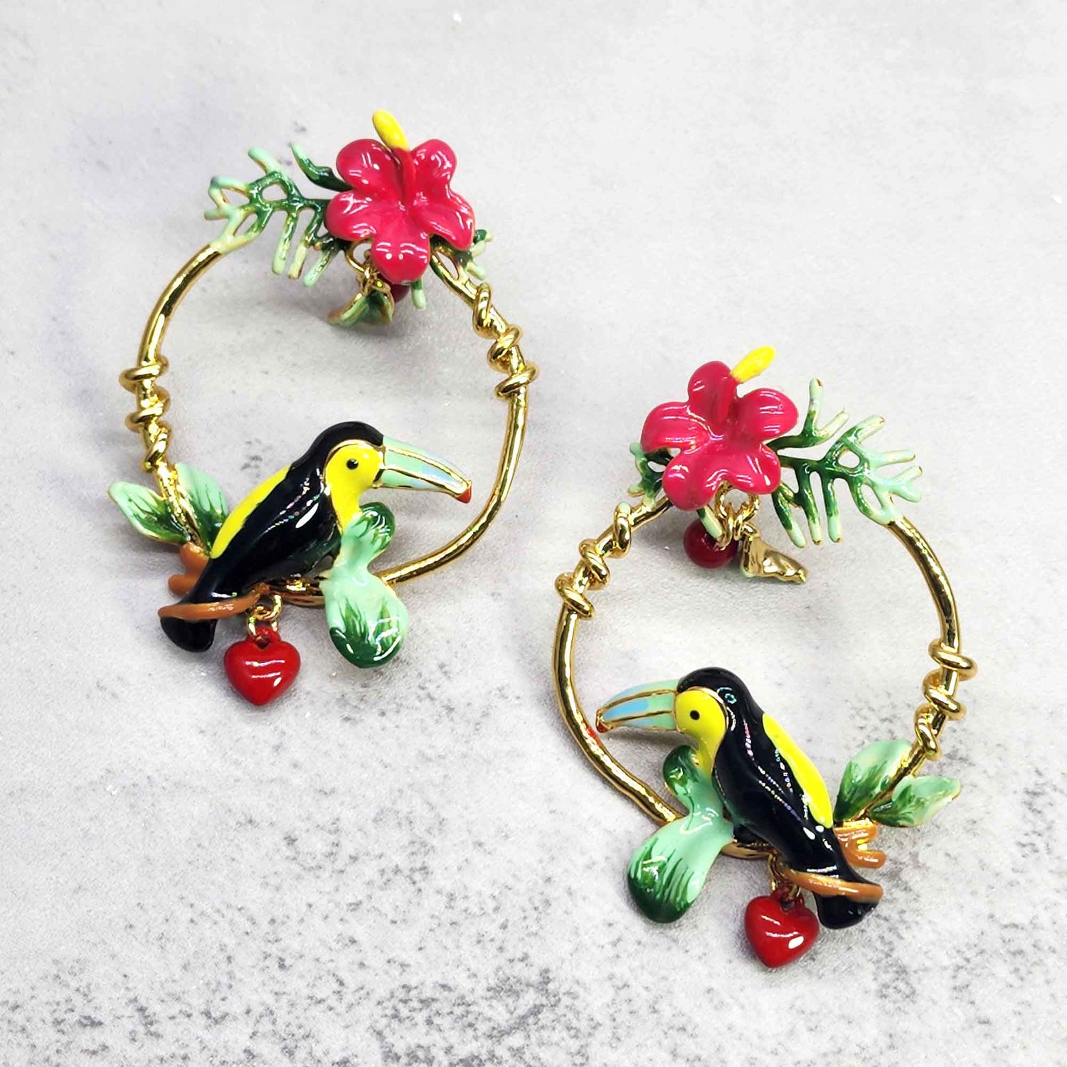 Handpainted Enamel Toucan Hibiscus Flower Post Earrings