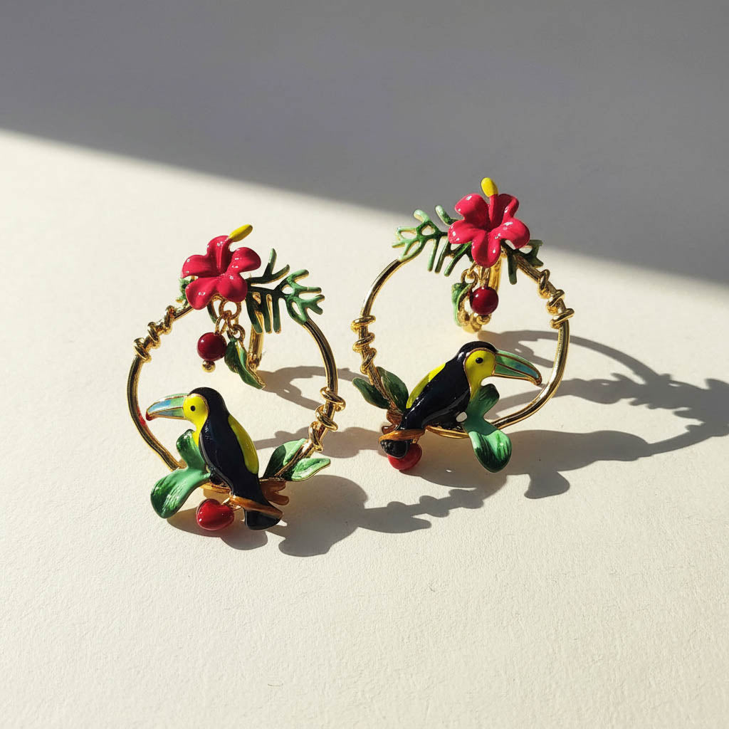 Tropical-themed earrings with toucan birds and flowers on a light background