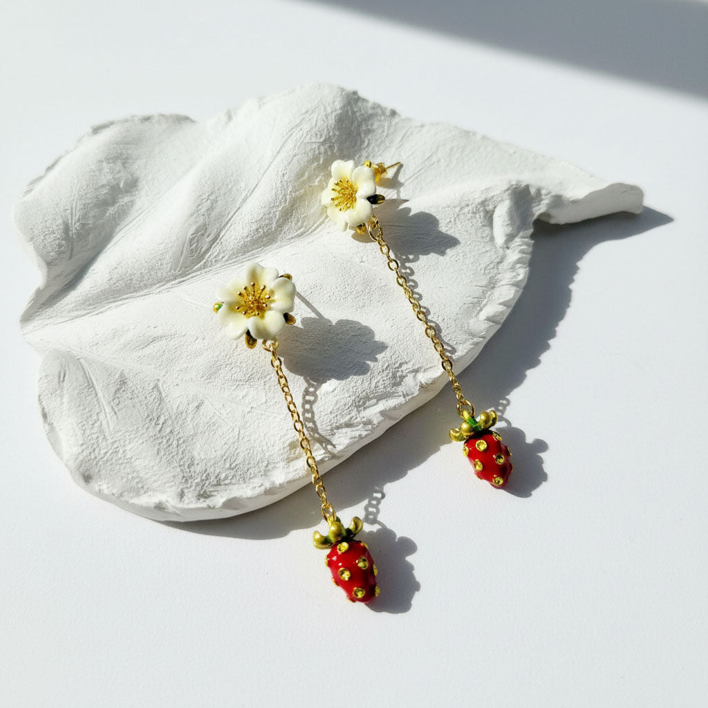Handpaited Enamel Daisy Strawberry Drop Earrings