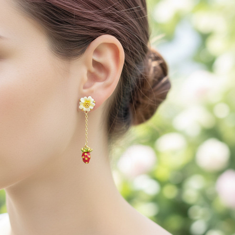 Handpaited Enamel Daisy Strawberry Drop Earrings