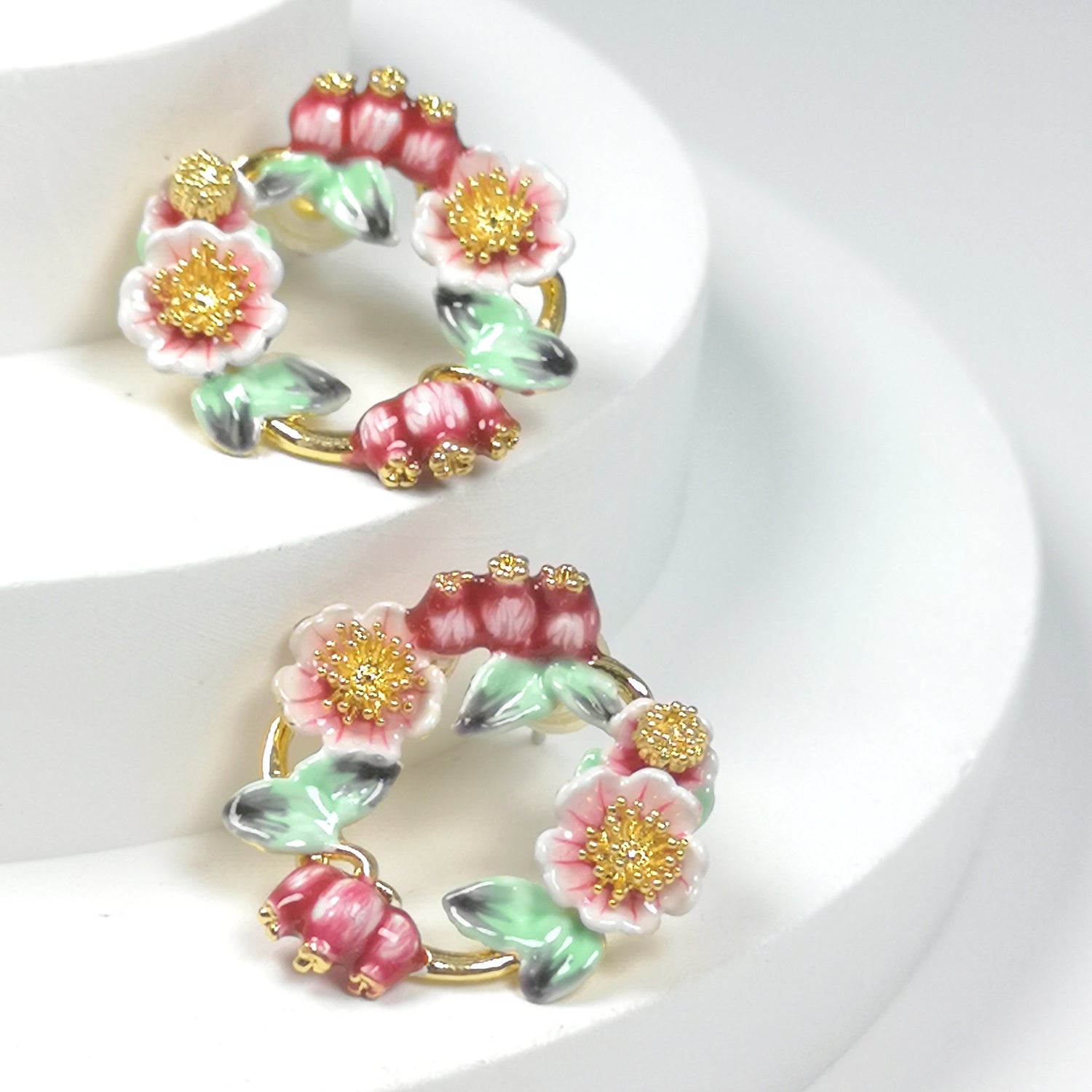 Handpainted Enamel Red Flower Wreathe Earrings