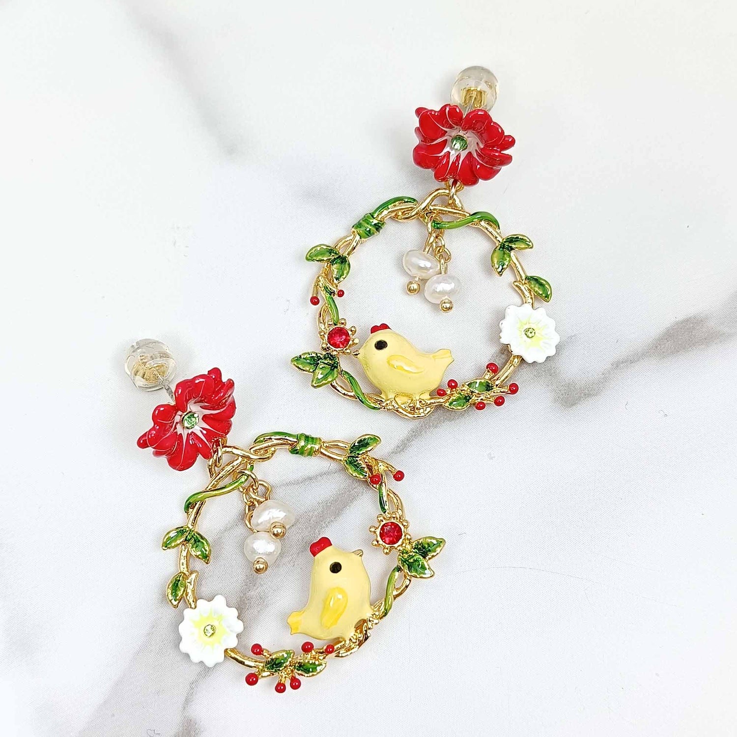 Handpainted Enamel Chick and Red Aster Post Hoop Earrings