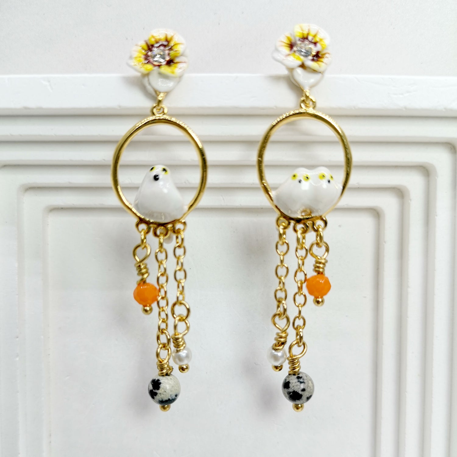 Handpainted Enamel Asymmetric Blue Tit and Pansy Earrings